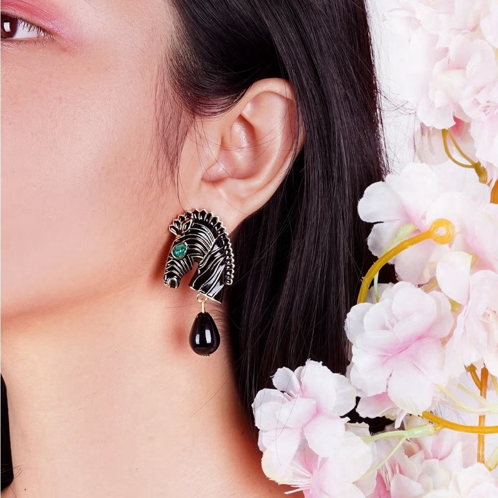 Black Zebra Emerald Eyed Drop Earrings